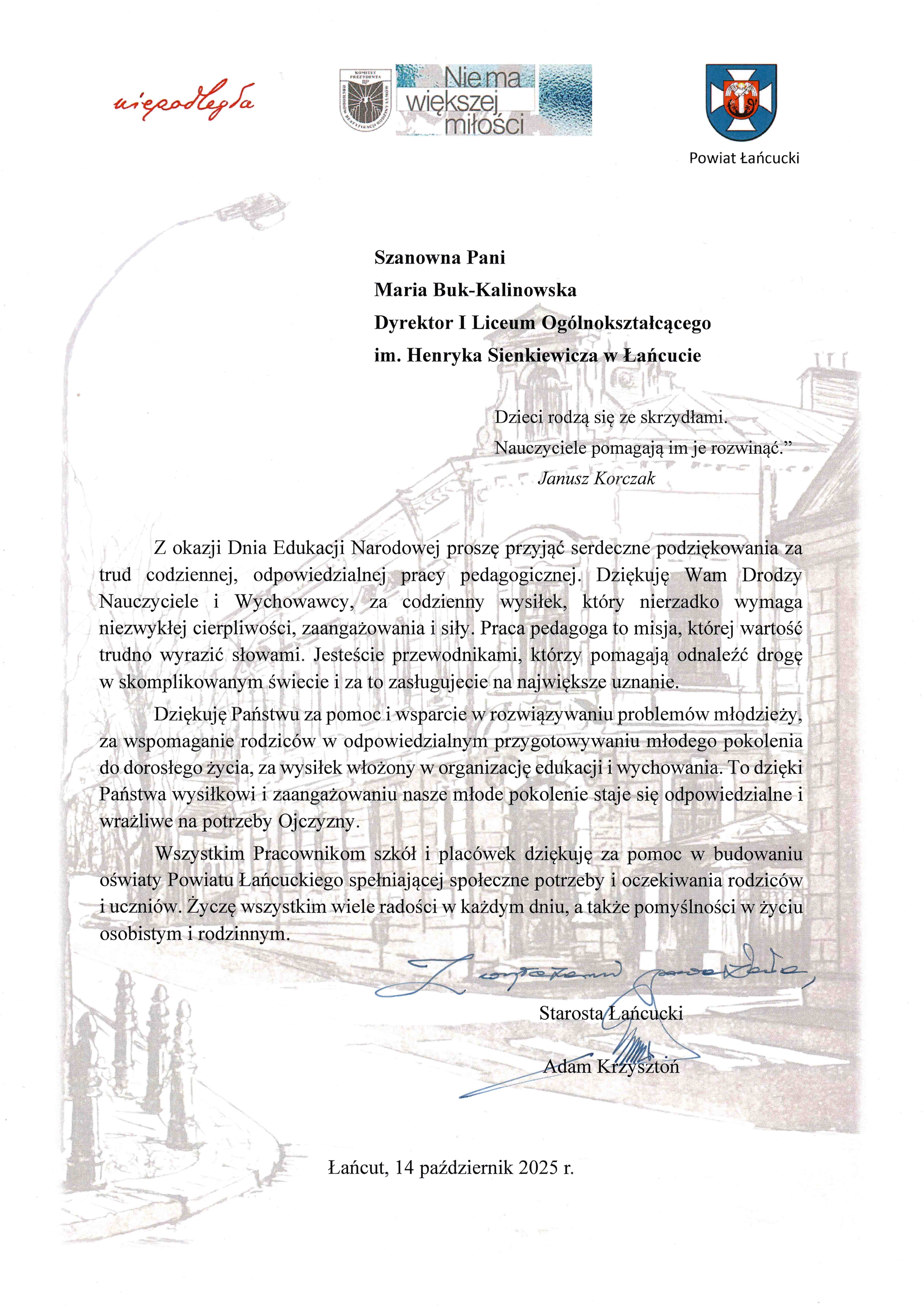 You are currently viewing Życzenia Starosty Łańcuckiego Adama Krzysztonia z okazji Dnia Edukacji Narodowej